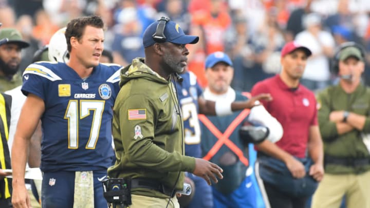 CARSON, CA - NOVEMBER 18: Quarterback Philip Rivers #17 of the Los Angeles Chargers and head coach Anthony Lynn look on from the sideline during the game against the Denver Broncos at StubHub Center on November 18, 2018 in Carson, California. (Photo by Jayne Kamin-Oncea/Getty Images)