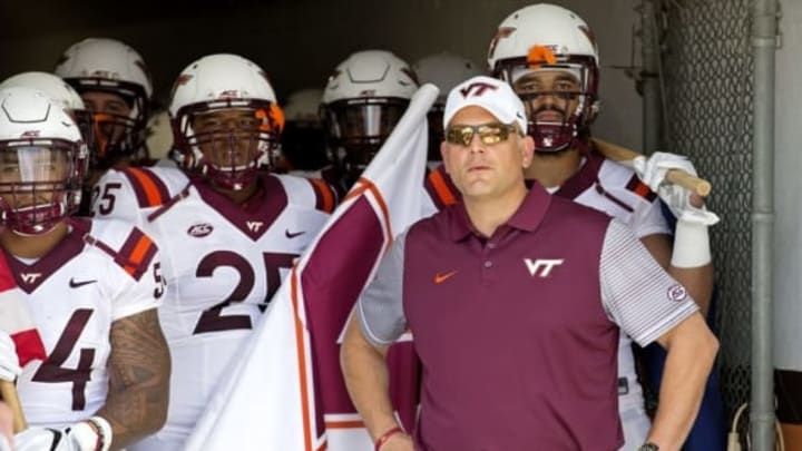 Sep 17, 2016; Blacksburg, VA, USA; Virginia Tech Hokies head coach Justin Fuente before the game against the Boston College Eagles at Lane Stadium. Mandatory Credit: Peter Casey-USA TODAY Sports