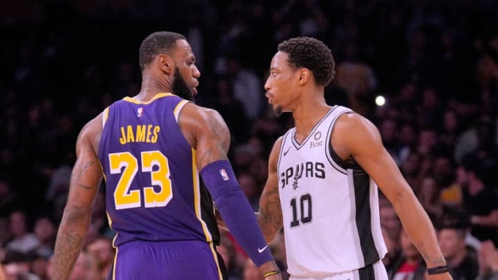 LOS ANGELES, CA - DECEMBER 05: LeBron James #23 of the Los Angeles Lakers and DeMar DeRozan #10 of the San Antonio Spurs shake hands at the end of the game during a 121-113 Laker win at Staples Center on December 5, 2018 in Los Angeles, California. NOTE TO USER: User expressly acknowledges and agrees that, by downloading and or using this photograph, User is consenting to the terms and conditions of the Getty Images License Agreement. (Photo by Harry How/Getty Images)