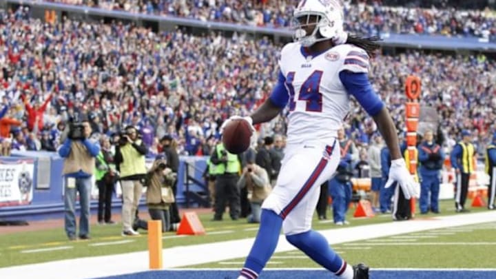 Oct 19, 2014; Orchard Park, NY, USA; Buffalo Bills wide receiver Sammy Watkins (14) scores a touchdown after catching a pass against the Minnesota Vikings during the first half at Ralph Wilson Stadium. Mandatory Credit: Kevin Hoffman-USA TODAY Sports
