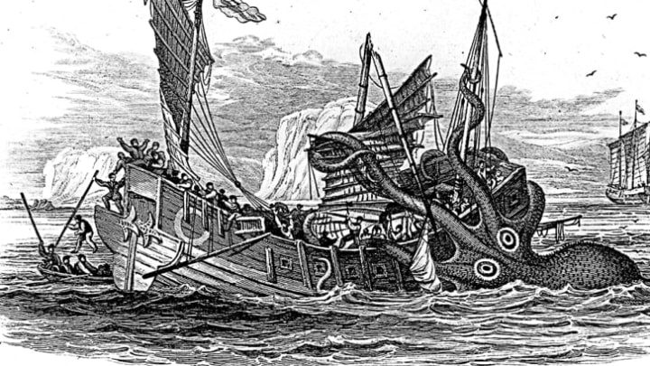 A many-armed kraken attacks an older ship