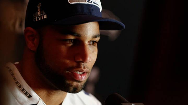 JERSEY CITY, NJ - JANUARY 29: Golden Tate # 81 of the Seattle Seahawks speaks to the media during an availability January 29, 2014 in Jersey City, New Jersey. The Denver Broncos and Seattle Seahawks will meet at Super Bowl XLVIII at Metlife Stadium on February 2, 2014. (Photo by Jeff Zelevansky/Getty Images)
