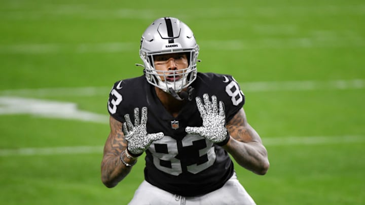LAS VEGAS, NEVADA - DECEMBER 17: Tight end Darren Waller #83 of the Las Vegas Raiders warms up before a game against the Los Angeles Chargers at Allegiant Stadium on December 17, 2020 in Las Vegas, Nevada. The Chargers defeated the Raiders 30-27 in overtime. (Photo by Ethan Miller/Getty Images) LAS VEGAS, NEVADA - DECEMBER 17: Tight end Darren Waller #83 of the Las Vegas Raiders warms up before a game against the Los Angeles Chargers at Allegiant Stadium on December 17, 2020 in Las Vegas, Nevada. The Chargers defeated the Raiders 30-27 in overtime. (Photo by Ethan Miller/Getty Images)