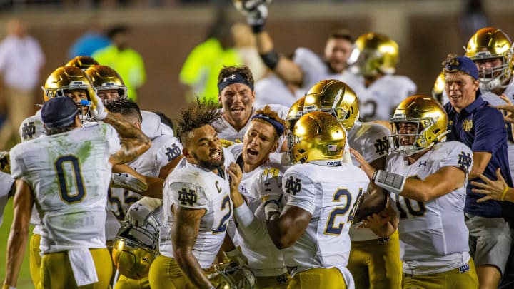 Notre Dame’s Jonathan Doerer, center, celebrates with teammates following his the game-winning field goal during Notre Dame’s 41-38 overtime win over Florida State in an NCAA football game on Sunday, Sept. 5, 2021, in Tallahassee, Florida.Notre Dame Beats Florida State