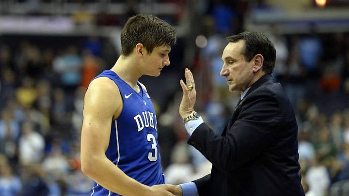 Mar 10, 2016; Washington, DC, USA; Duke Blue Devils head coach Mike Krzyzewski hugs guard Grayson Allen (3) after he fouled out in over time of during day three of the ACC conference tournament at Verizon Center. Notre Dame Fighting Irish defeated Duke Blue Devils 84-79 in overtime. Mandatory Credit: Tommy Gilligan-USA TODAY Sports Mar 10, 2016; Washington, DC, USA; Duke Blue Devils head coach Mike Krzyzewski hugs guard Grayson Allen (3) after he fouled out in over time of during day three of the ACC conference tournament at Verizon Center. Notre Dame Fighting Irish defeated Duke Blue Devils 84-79 in overtime. Mandatory Credit: Tommy Gilligan-USA TODAY Sports