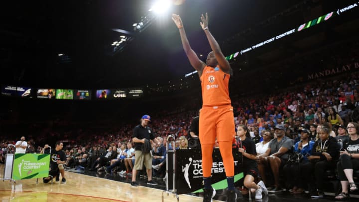 LAS VEGAS, NEVADA - JULY 26: Shekinna Stricklen of the Connecticut Sun competes in the final round of the 3-Point Contest of the WNBA All-Star Friday Night at the Mandalay Bay Events Center on July 26, 2019 in Las Vegas, Nevada. Stricklen beat Kayla McBride of the Las Vegas Aces in the final round 23-22 to win. NOTE TO USER: User expressly acknowledges and agrees that, by downloading and or using this photograph, User is consenting to the terms and conditions of the Getty Images License Agreement. (Photo by Ethan Miller/Getty Images)