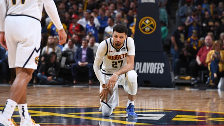 DENVER, CO - MAY 1: Jamal Murray #27 of the Denver Nuggets looks on during Game Two of the Western Conference Semifinals of the 2019 NBA Playoffs against the Portland Trail Blazers on May 1, 2019 at the Pepsi Center in Denver, Colorado. NOTE TO USER: User expressly acknowledges and agrees that, by downloading and/or using this photograph, user is consenting to the terms and conditions of the Getty Images License Agreement. Mandatory Copyright Notice: Copyright 2019 NBAE (Photo by Garrett Ellwood/NBAE via Getty Images)