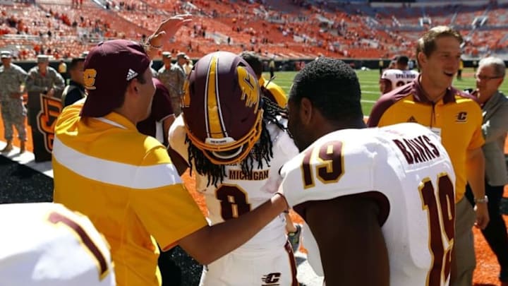 Sep 10, 2016; Stillwater, OK, USA; Central Michigan Chippewas wide receiver Corey Willis (center) celebrates after making the game winning touchdown in the final play of the game against the Oklahoma State Cowboys at Boone Pickens Stadium. Central Michigan won 30-27. Mandatory Credit: Alonzo Adams-USA TODAY Sports