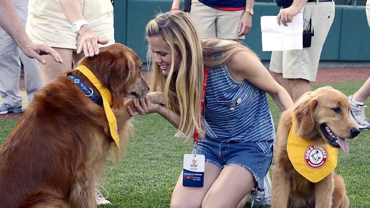 Trenton Thunder bat dog Derby offers his paw to actress Brooklyn Decker as bat dog in-training Rookie sits nearby Tuesday Jun. 16. 2014 at Arm & Hammer Park. (Trentonian photo/Jackie Schear)