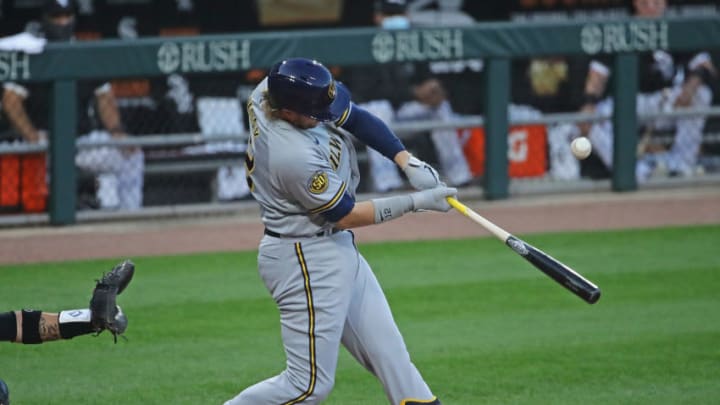 CHICAGO, ILLINOIS - AUGUST 06: Justin Smoak #12 of the Milwaukee Brewers bats against the Chicago White Sox at Guaranteed Rate Field on August 06, 2020 in Chicago, Illinois. (Photo by Jonathan Daniel/Getty Images)