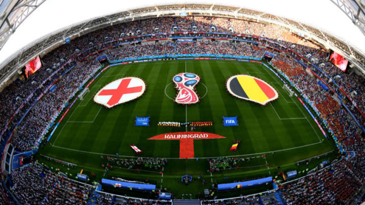 KALININGRAD, RUSSIA - JUNE 28: General view inside the stadium as England and Belgium line up prior to the 2018 FIFA World Cup Russia group G match between England and Belgium at Kaliningrad Stadium on June 28, 2018 in Kaliningrad, Russia. (Photo by Matthias Hangst/Getty Images)