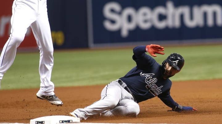 ST. PETERSBURG, FL – MAY 9: Ender Inciarte #11 of the Atlanta Braves steals third base in front of the third baseman Matt Duffy #5 of the Tampa Bay Rays during the second inning on May 9, 2018, at Tropicana Field in St. Petersburg, Florida. (Photo by Brian Blanco/Getty Images)