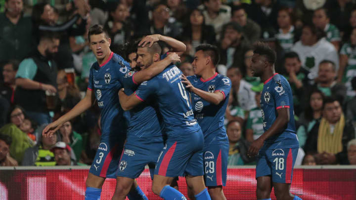 TORREON, MEXICO - DECEMBER 01: Nicolas Sanchez of Monterrey celebrates with his teammates after scoring his team's first goal during the quarter finals second leg match between Santos Laguna and Monterrey as part of the Torneo Apertura 2018 Liga MX at Corona Stadium on December 1, 2018 in Torreon, Mexico. (Photo by Manuel Guadarrama/Getty Images)