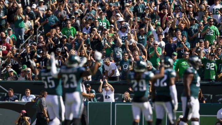PHILADELPHIA, PA - SEPTEMBER 08: Fans react as Brandon Graham #55, Rodney McLeod #23, Avonte Maddox #29, Rasul Douglas #32, and Fletcher Cox #91 of the Philadelphia Eagles encourage them to get loud in the fourth quarter against the Washington Redskins at Lincoln Financial Field on September 8, 2019 in Philadelphia, Pennsylvania. The Eagles defeated the Redskins 32-27. (Photo by Mitchell Leff/Getty Images)