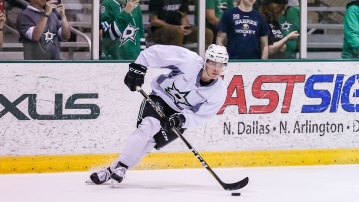 FRISCO, TX - JULY 08: Dallas Stars first round draftee defenseman Miro Heiskanen goes through drills during the Dallas Stars Development Camp on July 08, 2017 at the Dr Pepper StarCenter in Frisco, TX. (Photo by Matthew Pearce/Icon Sportswire via Getty Images)