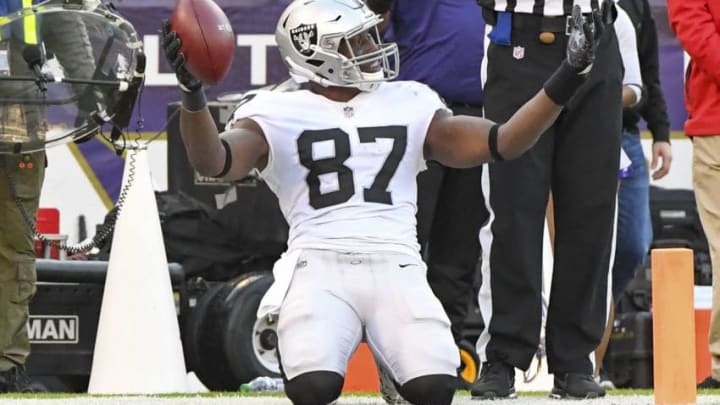 BALTIMORE, MD – NOVEMBER 25: Oakland Raiders tight end Jared Cook (87) reacts after making a 16 yard touchdown reception in the third quarter against the Baltimore Ravens on November 25, 2018, at M&T Bank Stadium in Baltimore, MD. (Photo by Mark Goldman/Icon Sportswire via Getty Images)