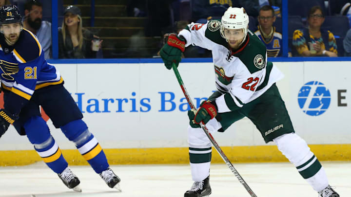 ST. LOUIS, MO - APRIL 19: Nino Niederreiter #22 of the Minnesota Wild shoots the puck against the St. Louis Blues in Game Four of the Western Conference First Round during the 2017 NHL Stanley Cup Playoffs at the Scottrade Center on April 19, 2017 in St. Louis, Missouri. (Photo by Dilip Vishwanat/Getty Images)