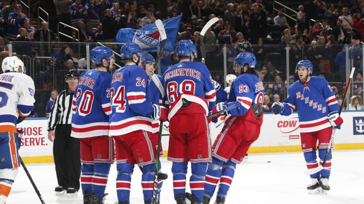 NEW YORK, NY – JANUARY 21: Chris Kreider #20 of the New York Rangers celebrates with teammates after scoring a goal in the third period against the New York Islanders at Madison Square Garden on January 21, 2020 in New York City. (Photo by Jared Silber/NHLI via Getty Images)