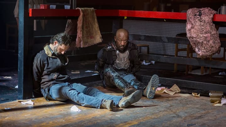 Rick Grimes (Andrew Lincoln) and Morgan Jones (Lennie James) in The Walking Dead Season 8 Episode 14 Photo by Gene Page/AMC