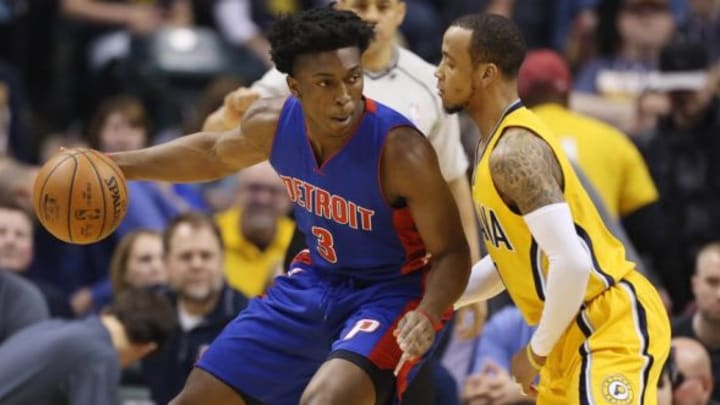 Feb 6, 2016; Indianapolis, IN, USA; Detroit Pistons guard Stanley Johnson (3) is guarded by Indiana Pacers guard Monta Ellis (11) at Bankers Life Fieldhouse. Mandatory Credit: Brian Spurlock-USA TODAY Sports