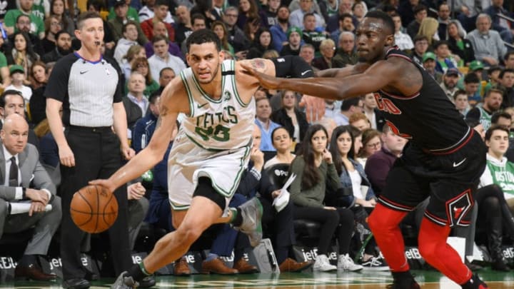BOSTON, MA - APRIL 6: Abdel Nader 28 of the Boston Celtics handles the ball during the game against Jerian Grant #2 of the Chicago Bulls on April 6, 2018 at the TD Garden in Boston, Massachusetts. NOTE TO USER: User expressly acknowledges and agrees that, by downloading and or using this photograph, User is consenting to the terms and conditions of the Getty Images License Agreement. Mandatory Copyright Notice: Copyright 2018 NBAE (Photo by Brian Babineau/NBAE via Getty Images)