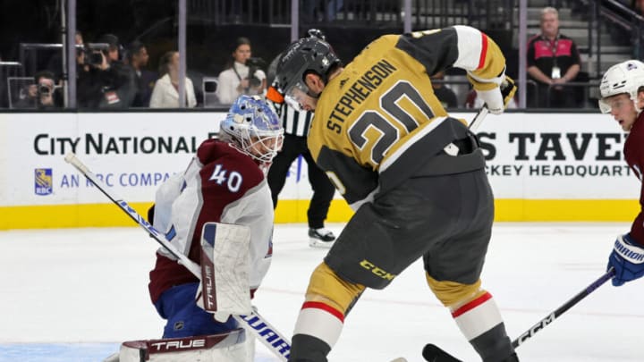 LAS VEGAS, NEVADA - OCTOBER 22: Alexandar Georgiev #40 of the Colorado Avalanche makes a save against Chandler Stephenson #20 of the Vegas Golden Knights in the second period of their game at T-Mobile Arena on October 22, 2022 in Las Vegas, Nevada. (Photo by Ethan Miller/Getty Images)