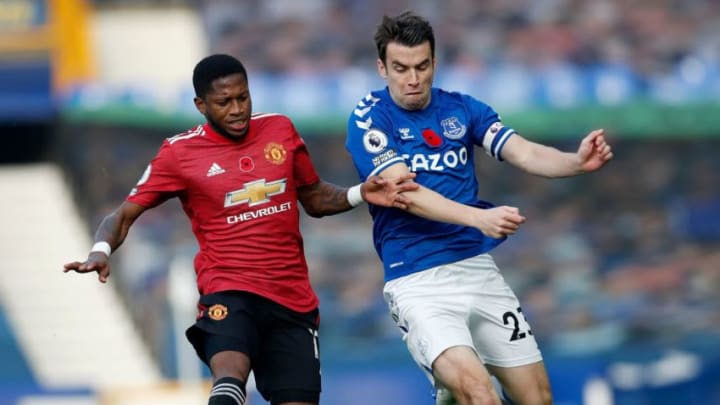 Manchester United's Brazilian midfielder Fred (L) vies with Everton's Irish defender Seamus Coleman during the English Premier League football match between Everton and Manchester United at Goodison Park in Liverpool, north west England on November 7, 2020. (Photo by Clive Brunskill / POOL / AFP) / RESTRICTED TO EDITORIAL USE. No use with unauthorized audio, video, data, fixture lists, club/league logos or 'live' services. Online in-match use limited to 120 images. An additional 40 images may be used in extra time. No video emulation. Social media in-match use limited to 120 images. An additional 40 images may be used in extra time. No use in betting publications, games or single club/league/player publications. / (Photo by CLIVE BRUNSKILL/POOL/AFP via Getty Images)