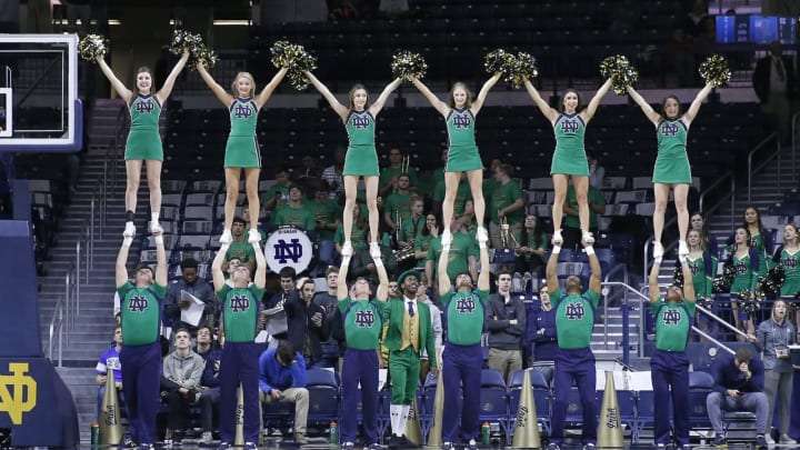 SOUTH BEND, INDIANA – NOVEMBER 18: Notre Dame cheerleaders perform. (Photo by Justin Casterline/Getty Images)