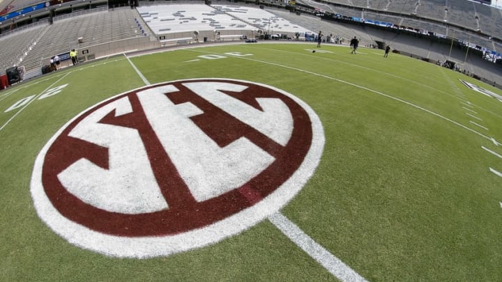 Sep 3, 2016; College Station, TX, USA; The SEC Football logo on the field prior to a game between the Texas A&M Aggies and the UCLA Bruins at Kyle Field. Texas A&M won in overtime 31-24. Mandatory Credit: Ray Carlin-USA TODAY Sports