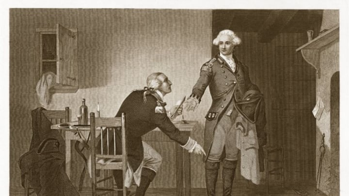 Treason of Arnold, pub. 1874 engraving . Benedict Arnold 1741 - 1801; John Andre 1750 ? 1780; shows Arnold persuading Andre to conceal papers in his boot; (Photo by Historica Graphica Collection/Heritage Images/Getty Images))