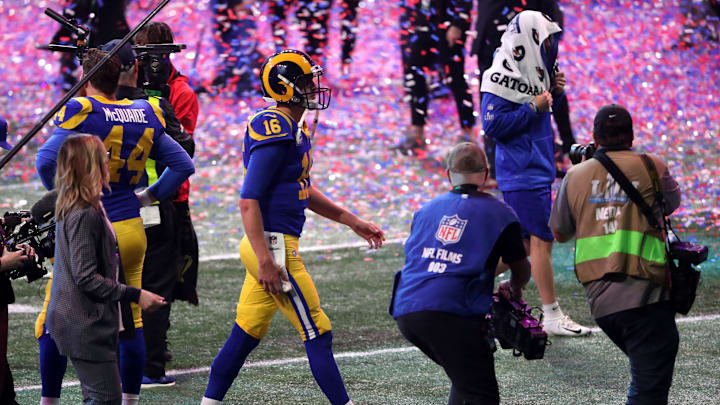 ATLANTA, GEORGIA – FEBRUARY 03: Jared Goff #16 of the Los Angeles Rams walks off the field after his teams 13-3 teams loss to the New England Patriots during Super Bowl LIII at Mercedes-Benz Stadium on February 03, 2019 in Atlanta, Georgia. (Photo by Streeter Lecka/Getty Images)