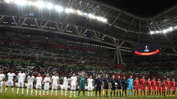 KAZAN, RUSSIA - NOVEMBER 05: The Liverpool FC and FC Rubin Kazan squad line up ahead of the UEFA Europa League group B match between FC Rubin Kazan and Liverpool FC at the Kazan Arena Stadium on November 05, 2015 in Moscow, Russia. (Photo by Epsilon/Getty Images)