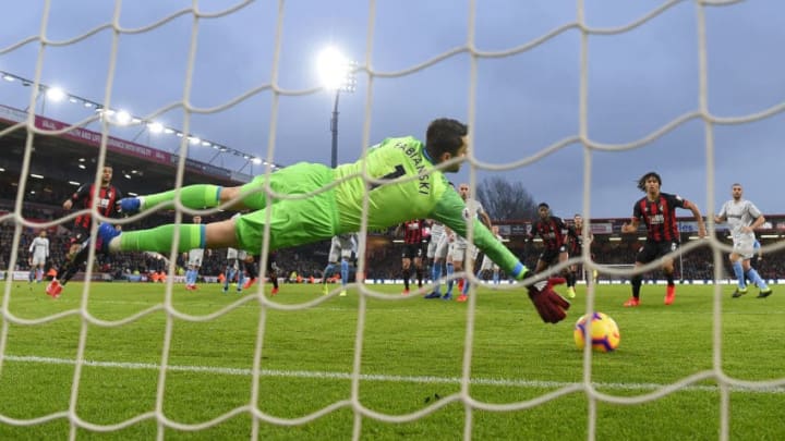 BOURNEMOUTH, ENGLAND - JANUARY 19: Lukasz Fabianski of West Ham United makes a save from a Steve Cook header during the Premier League match between AFC Bournemouth and West Ham United at Vitality Stadium on January 19, 2019 in Bournemouth, United Kingdom. (Photo by Mike Hewitt/Getty Images)