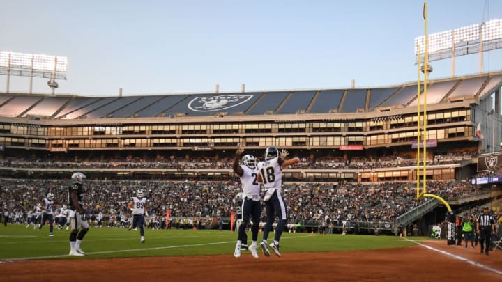 OAKLAND, CA - AUGUST 19: Cooper Kupp , right, and Sammy Watkins celebrate A Kupp touchdown against the Oakland Raiders in Week 2 of the Rams preseason. Watkins could be the aerial focal point against the Los Angeles Chargers, as Kupp will not play due to a strained groin muscle. (Photo by Thearon W. Henderson/Getty Images)