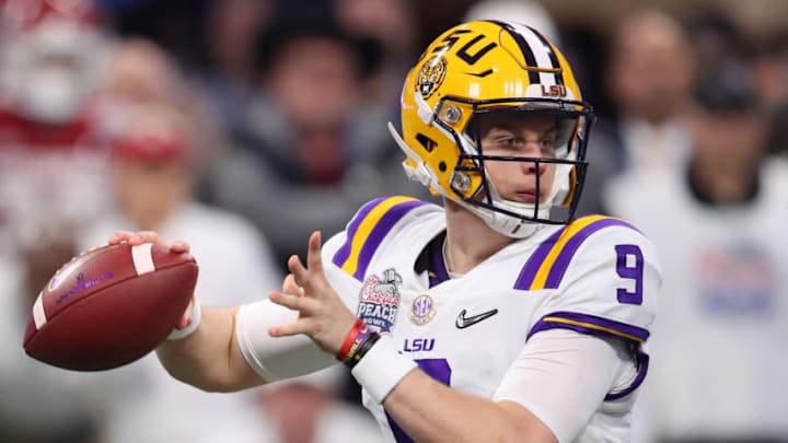ATLANTA, GEORGIA - DECEMBER 28: Joe Burrow #9 of the LSU Tigers plays against the Oklahoma Sooners during the College Football Playoff Semifinal in the Chick-fil-A Peach Bowl at Mercedes-Benz Stadium on December 28, 2019 in Atlanta, Georgia. (Photo by Gregory Shamus/Getty Images) ATLANTA, GEORGIA - DECEMBER 28: Joe Burrow #9 of the LSU Tigers plays against the Oklahoma Sooners during the College Football Playoff Semifinal in the Chick-fil-A Peach Bowl at Mercedes-Benz Stadium on December 28, 2019 in Atlanta, Georgia. (Photo by Gregory Shamus/Getty Images)