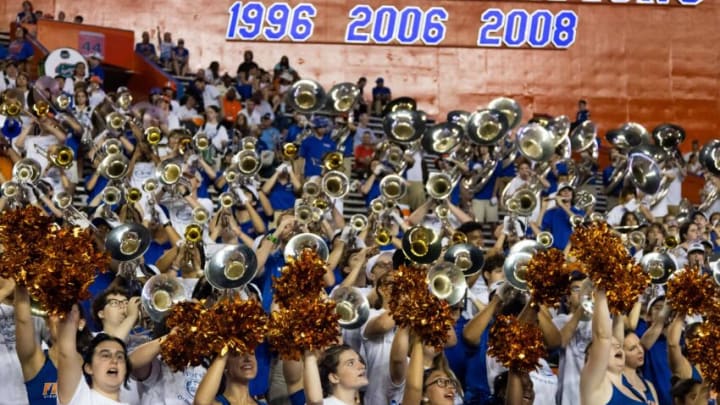 The Florida band cheers and plays during the first half of the University of Florida Orange & Blue game at Ben Hill Griffin Stadium in Gainesville, FL on Thursday, April 13, 2023. [Doug Engle/Gainesville Sun]Ncaa Football Orange And Blue Game