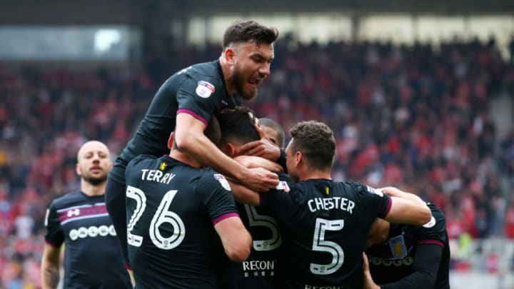 MIDDLESBROUGH, ENGLAND - MAY 12: Aston Villa celebrate after Mile Jedinak of Aston Villa scores his sides first goal during the Sky Bet Championship Play Off Semi Final First Leg match between Middlesbrough and Aston Villa at Riverside Stadium on May 12, 2018 in Middlesbrough, England. (Photo by Alex Livesey/Getty Images)