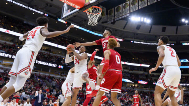 CHICAGO, IL - MARCH 14: Ohio State Buckeyes forward Kaleb Wesson (34) grabs the rebound against Indiana Hoosiers forward Juwan Morgan (13) during a Big Ten Tournament game between the Indiana Hoosiers and the Ohio State Buckeyes on March 14, 2019, at the United Center in Chicago, IL. (Photo by Patrick Gorski/Icon Sportswire via Getty Images)