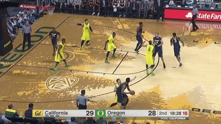 California @ Oregon - Brown catch and shoot weakside 3, solid form, just holds the ball a tad too long