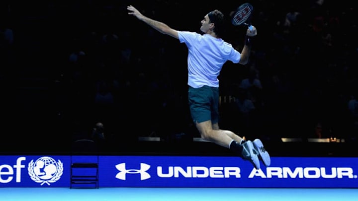 GLASGOW, SCOTLAND - NOVEMBER 07: Roger Federer in action during his match against Andy Murray during Andy Murray Live at The Hydro on November 7, 2017 in Glasgow, Scotland. (Photo by Mark Runnacles/Getty Images for Andy Murray Live)