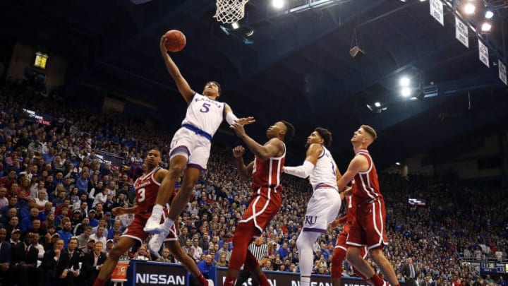 LAWRENCE, KANSAS - JANUARY 02: Quentin Grimes #5 of the Kansas Jayhawks scores on a fast break during the game against the Oklahoma Sooners at Allen Fieldhouse on January 02, 2019 in Lawrence, Kansas. (Photo by Jamie Squire/Getty Images)