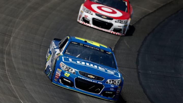 DOVER, DE - JUNE 04: Jimmie Johnson, driver of the #48 Lowe's Chevrolet, leads Kyle Larson, driver of the #42 Target Chevrolet, during the Monster Energy NASCAR Cup Series AAA 400 Drive for Autism at Dover International Speedway on June 4, 2017 in Dover, Delaware. (Photo by Matt Hazlett/Getty Images)