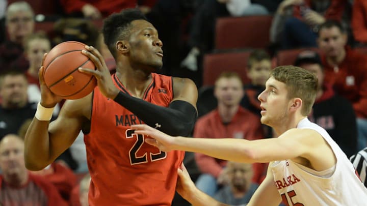LINCOLN, NE - FEBRUARY 6: Bruno Fernando #23 of the Maryland Terrapins drives on Brady Heiman #45 of the Nebraska Cornhuskers at Pinnacle Bank Arena on February 6, 2019 in Lincoln, Nebraska. (Photo by Steven Branscombe/Getty Images)