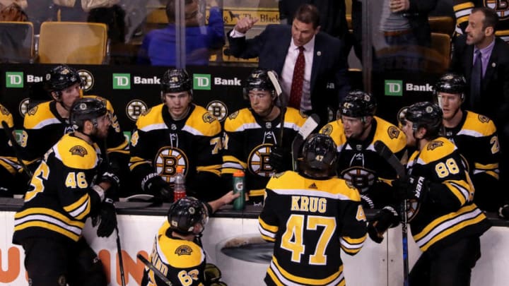 BOSTON - FEBRUARY 10: Boston Bruins head coach Bruce Cassidy talks to the team during a time out late in the third period. The Boston Bruins host the Buffalo Sabres at TD Garden in Boston on Feb. 10, 2018. (Photo by Barry Chin/The Boston Globe via Getty Images)