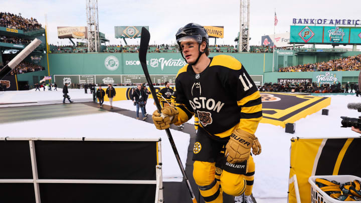 Trent Frederic prepares to take the ice prior to playing the Pittsburgh Penguins at Fenway Park. (Photo by Gregory Shamus/Getty Images)