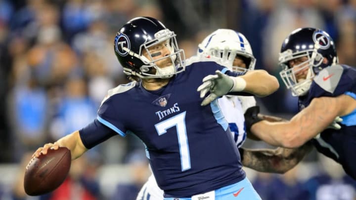 NASHVILLE, TN - DECEMBER 30: Blaine Gabbert #7 of the Tennessee Titans throws the ball against the Indianapolis Colts at Nissan Stadium on December 30, 2018 in Nashville, Tennessee. (Photo by Andy Lyons/Getty Images)