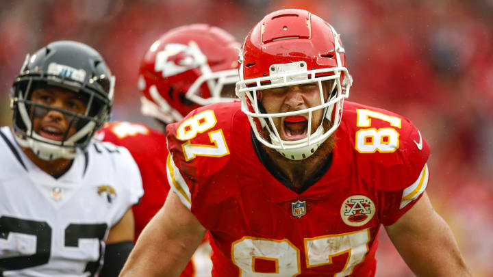 Travis Kelce #87, tight end with the Kansas City Chiefs. (Photo by David Eulitt/Getty Images) ***Travis Kelce, Tyler Patmon***
