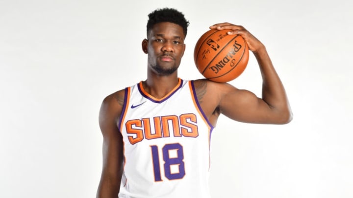 PHOENIX, AZ - JUNE 22: Draft pick DeAndre Ayton poses for a portrait at the Post NBA Draft press conference on June 22, 2018, at Talking Stick Resort Arena in Phoenix, Arizona. NOTE TO USER: User expressly acknowledges and agrees that, by downloading and or using this Photograph, user is consenting to the terms and conditions of the Getty Images License Agreement. Mandatory Copyright Notice: Copyright 2018 NBAE (Photo by Barry Gossage/NBAE via Getty Images)