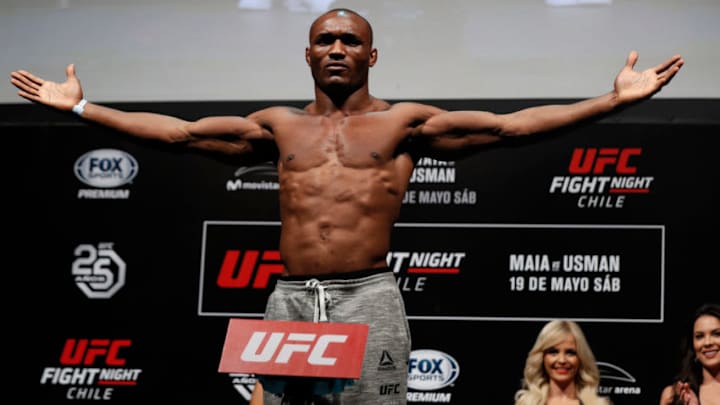 SANTIAGO, CHILE - MAY 18: Kamaru Usman of Nigeria poses on the scale during the UFC Fight Night weigh-in at Movistar Arena on May 18, 2018 in Santiago, Chile. (Photo by Buda Mendes/Zuffa LLC/Zuffa LLC via Getty Images)