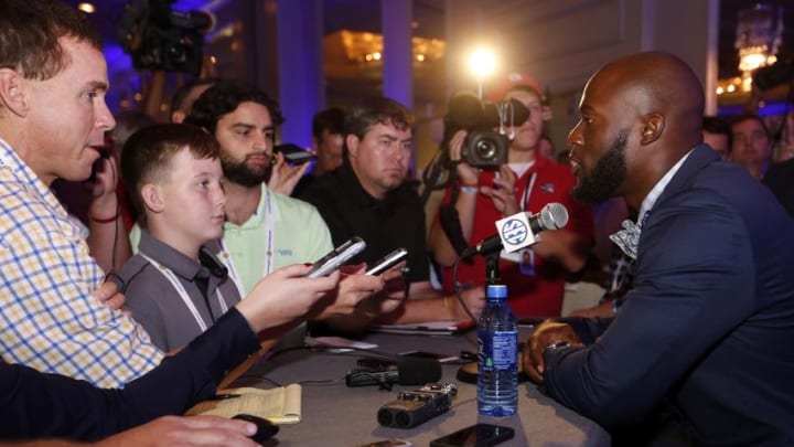 Jul 14, 2016; Hoover, AL, USA; LSU player Leonard Fournette speaks to media during SEC media day at Hyatt Regency Birmingham-The Wynfrey Hotel. Mandatory Credit: Butch Dill-USA TODAY Sports